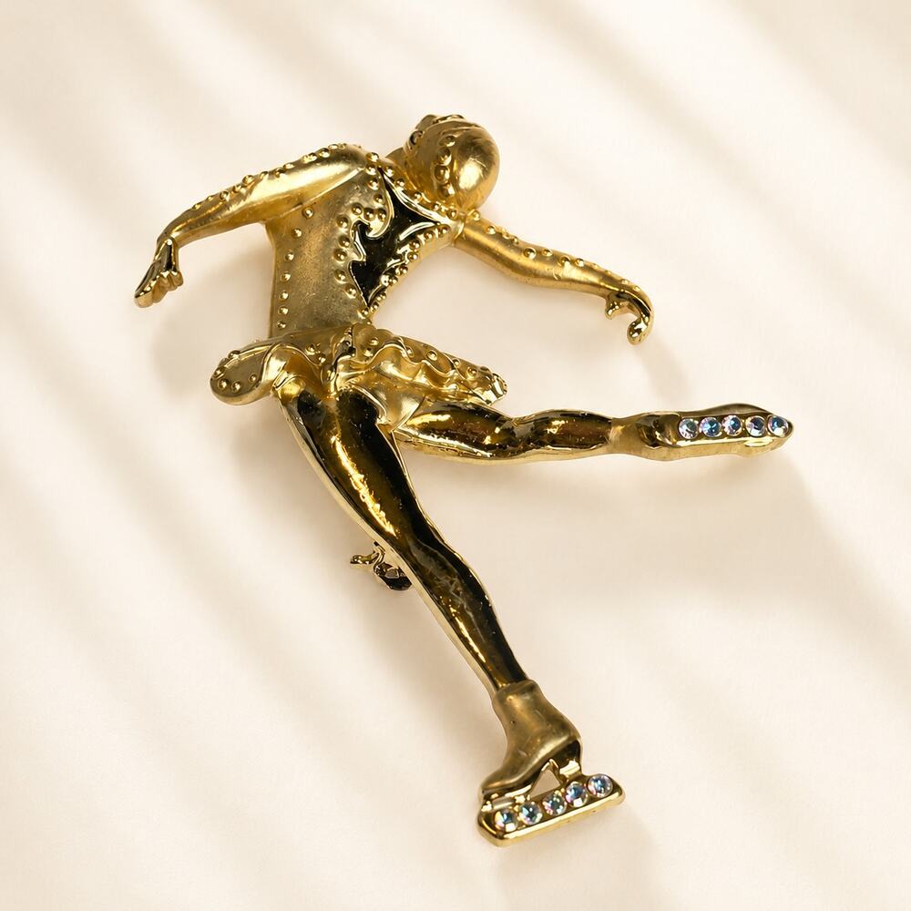 Figure Skater Gold Tone Rhinestone Pin Brooch AJC 1960s Vintage Mid Century